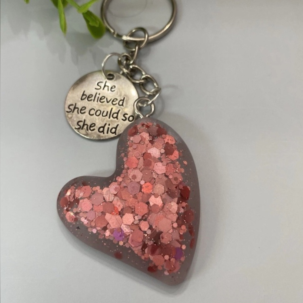 Pink Glitter Heart Keychain • Inspirational Charm